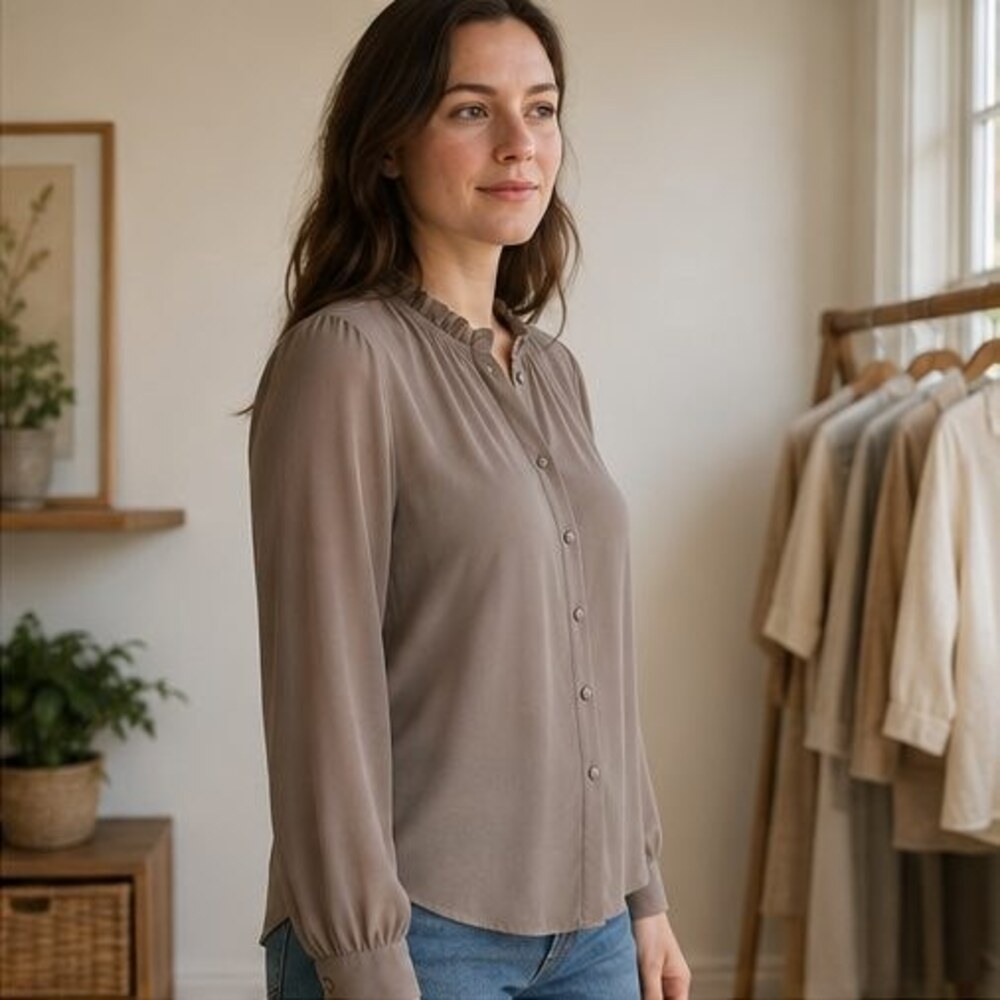 Taupe Ruffle Collar Blouse - Picture 3 of 6